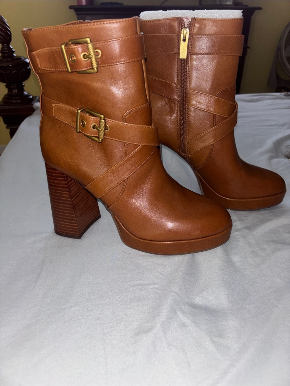 Vince Camuto Cognac Platform Block Heel Ankle Boots with Buckle Straps